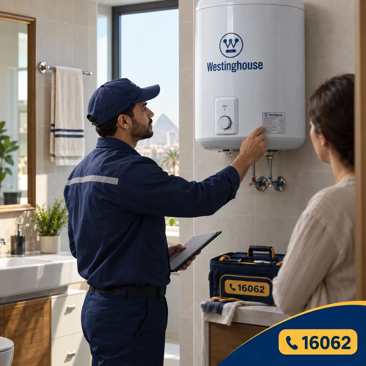 Technician inspecting a Westinghouse water heater at home